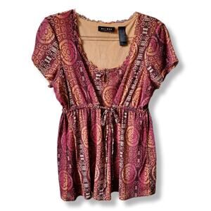 90s Y2K Women Brown Mesh Lettuce Edge Milkmaid Babydoll Top XL Fall Renfair Boho